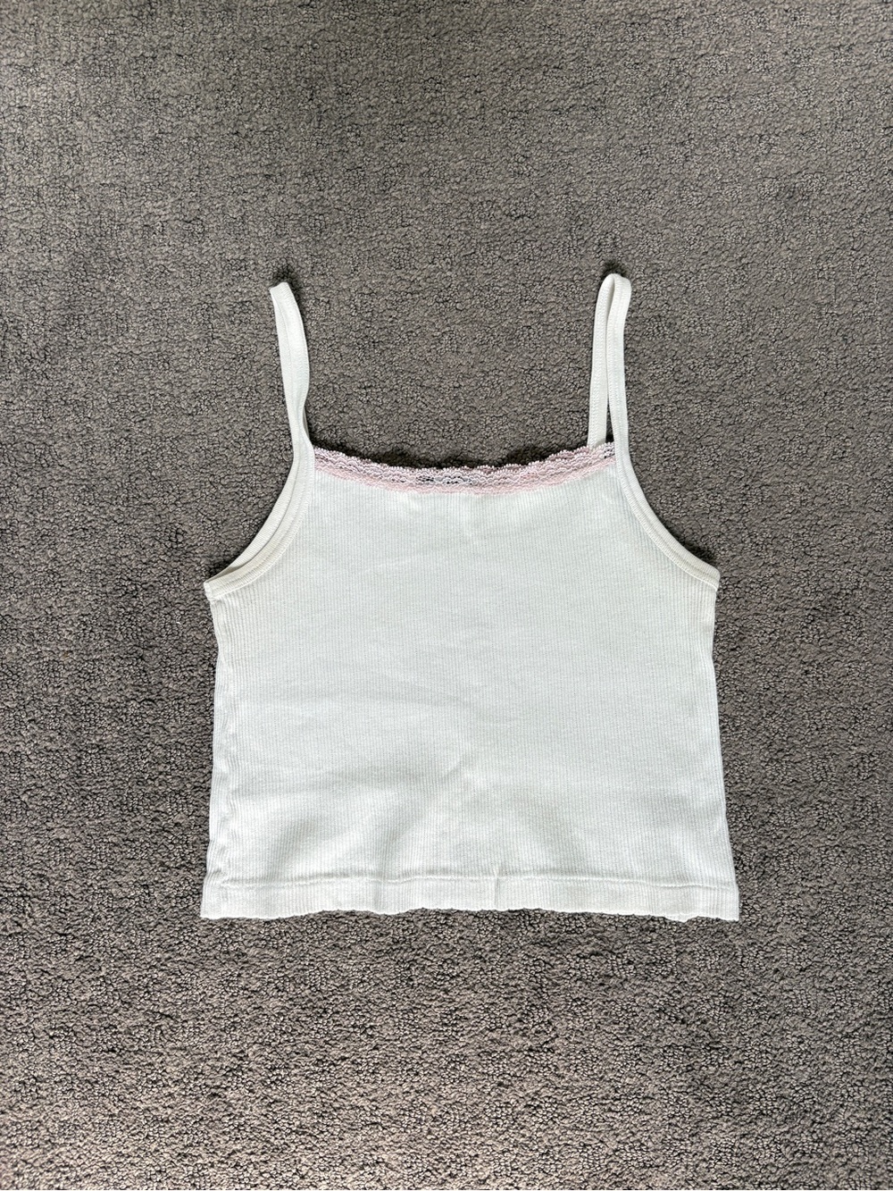 Brandy Melville White Ribbed Camisole with Pink Lace Trim